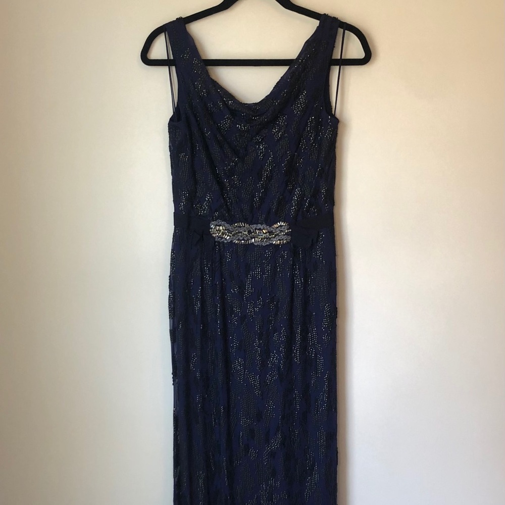 Jenny Packham Navy Blue Silk Beaded Low Back Gown - Picture 3 of 16